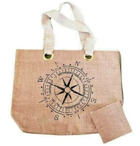 Compass Burlap Large Tote Beach Bag Waterproof Lining w/Change Purse - Picture 1 of 3
