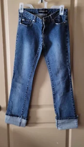 EXPRESS JEANS STRETCH JUNIOR WOMAN MEDIUM WASH CUFF POCKETS SIZE 1/2 PREOWNED - Picture 1 of 5