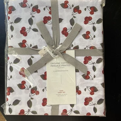 Anthropologie Cotton Percale Organic King Sheet Set Cherry French Country - Image 1 of 4