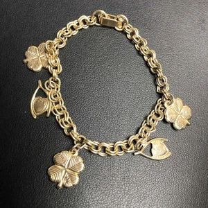 Pulsera 8116 Vintage Tono Dorado Dije Delicado Trébol Lucky Wish Hueso Corazón 6" - Imagen 1 de 1