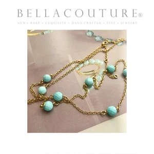 ❤️NEW BELLA 18K YELLOW GOLD LIGHT PERSIAN TURQUOISE VTG STATION NECKLACE 18" 16" - Picture 1 of 24