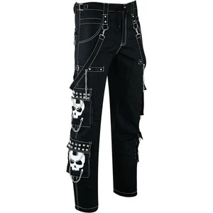 Puritues Men's Gothic Skull Black Cotton Streetwear Chains Studs Buckles Pants - Picture 1 of 6