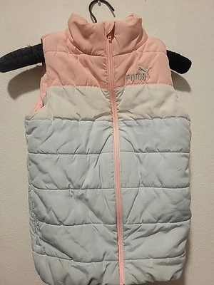 GIRLS PUMA PINK BLUE PUFFY VEST FULL ZIP SIZE 7/8  - Image 1 of 4