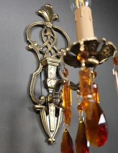 VINTAGE viktorianisches einarmiges massives Messing tschechisches Kristall Paar Applikationen Wandlampen - Bild 1 von 6