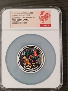 2017 ANDA EXPO PROOF Colored Silver Lunar Year of the Rooster NGC PF70 2oz Coin - Picture 1 of 2