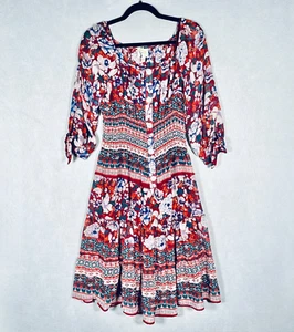 Fig & Flower Anthropologie Dress Womens M Red Floral Midi Accordion Pleat - Picture 1 of 15