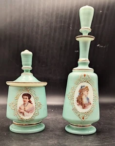 Antike Harrach Böhmische Kunst Glas Kommode Parfüm Kamee Flaschen Blau Emaille  - Bild 1 von 17