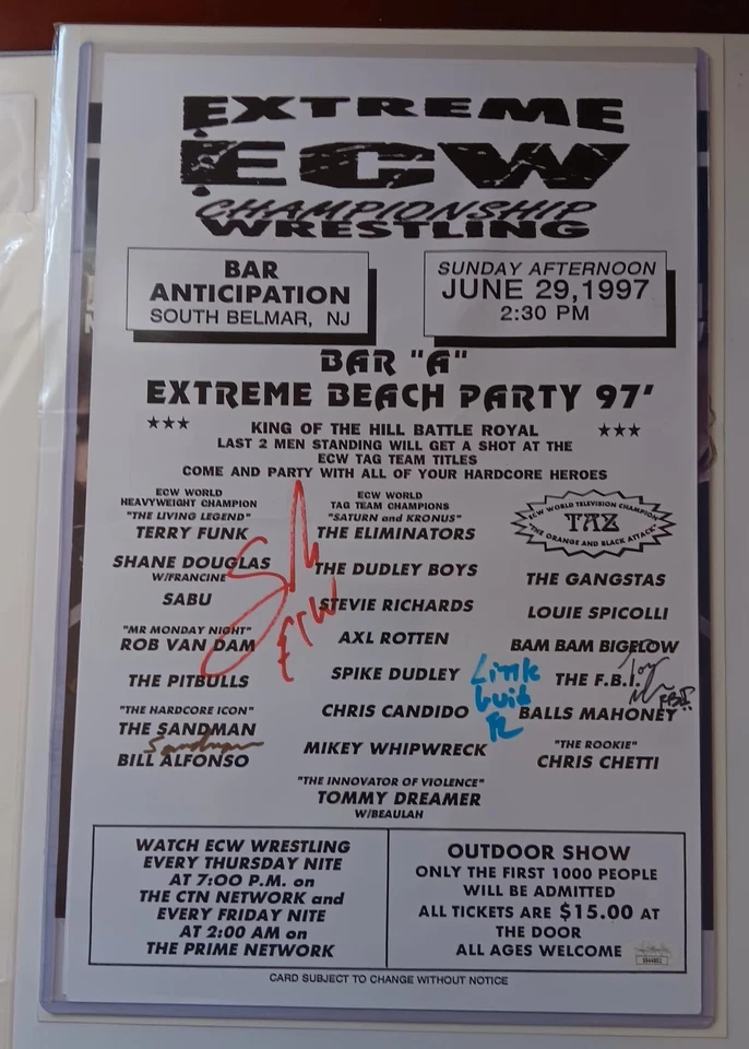 Póster original de Ecw firmado por 4 superestrellas originales de Ecw con certificado de autenticidad JSA Foto 1 de 4
