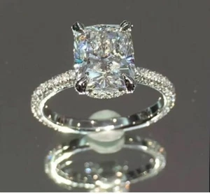 Simulated Diamond Cushion Cut Solitaire Engagement Ring 14K White Gold Plated - Picture 1 of 1