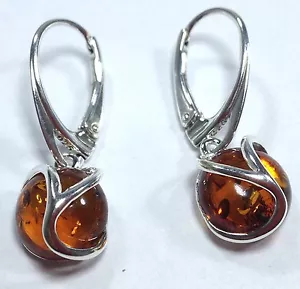 Amber round drop earrings solid Sterling Silver Lever Fit cognac, gift box. - Picture 1 of 12