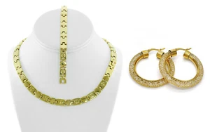 14K Gold Tone Hugs & Kisses Necklace Bracelet Medium Hoop CZ Earring Set - Picture 1 of 3