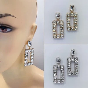 Gold or Silver Colored Clear Rhinestones Deco Rectangle Drop Dangle Earrings - Picture 1 of 3