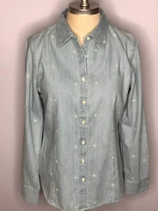 Talbots Denim 10 blu chiaro medio manica con bottoni e linguetta a rullo ricamo NUOVO SENZA ETICHETTE - Foto 1 di 7