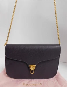 New Coccinelle Beat Soft Gray Leather Gold Chain Clutch Crossbody Bag - Picture 1 of 8
