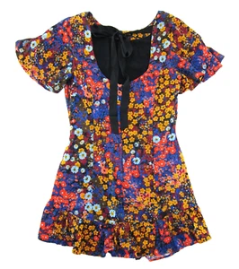 Vestido recto By Anthropologie azul amarillo naranja rojo floral sedoso manga corta 10 - Imagen 1 de 5