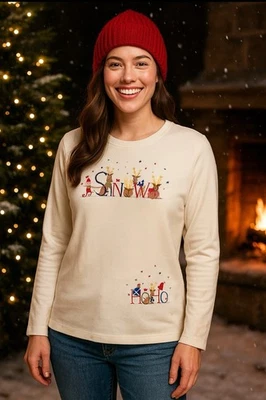 White Stag SZ L Holiday Embroidered Snow HoHo Top Rhinestones Bells Winter Tee  - Image 1 of 4