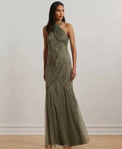 Lauren Ralph Lauren Damen Perlen Netz ärmellos Neckholder Kleid olivgrün 10 - Bild 1 von 13