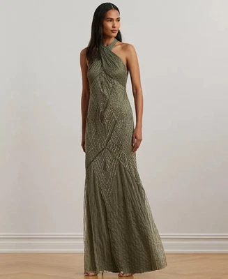 Lauren Ralph Lauren Women's Beaded Mesh Sleeveless Halter Gown Olive Green 10 - Image 1 of 4