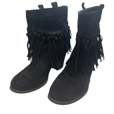 Black Suede Fringe Ankle Boots Leather Upper Size 7.5M Western Style - Image 1 of 4