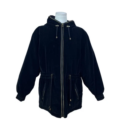 Chaqueta con Capucha Skea Terciopelo Negro Para Mujer Acento Dorado Cremallera Completa Puños Elásticos Talla 8 Foto 1 de 4