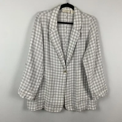 Cynthia Rowley 100% Linen Blazer Womens Large Gray White Gingham Plaid - Image 1 of 4