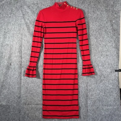 Ralph Lauren Midi Pencil Dress Sz Small Red Stripe Mock Neck Nautical Old Money - Image 1 of 4