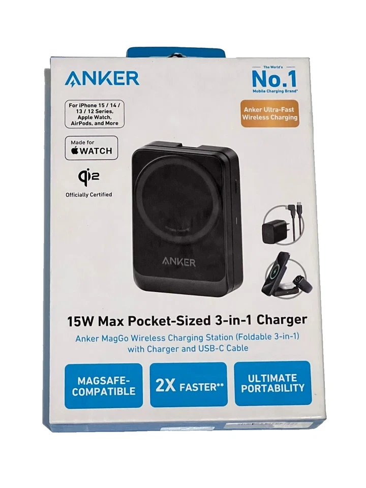 Estación de carga inalámbrica plegable 3 en 1 Anker MagGo USB-C para dispositivos Apple Foto 1 de 1