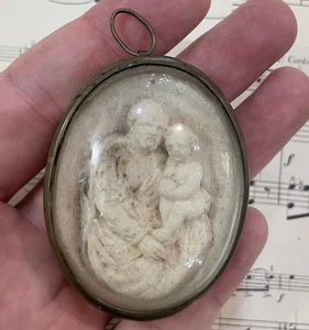 Rara antica icona francese in gesso intagliato Giuseppe Gesù vetro a cupola c1900 - Foto 1 di 4