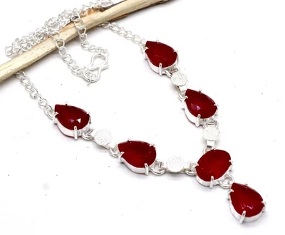 Red Garnet Gemstone Handmade 925 Sterling Silver Jewelry Necklace Size-18" - Image 1 of 4