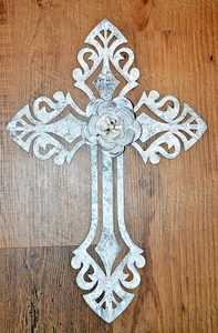 Antique Silver & Black Metal 18" Wall Cross Home Decor, Plaque, Hanging - Picture 1 of 5