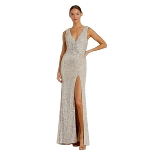 Mac Duggal Silber Nude V-Ausschnitt Pailletten Wickel Taille Kleid Gr. 4 Stil 26598 NEU - Bild 1 von 9