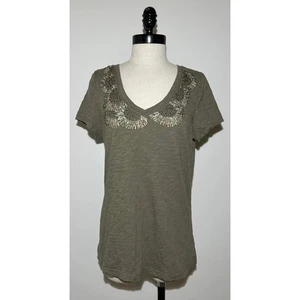 Blusa Camiseta Blusa Para Mujer TALBOTS Verde Salvia Adornada Con Cuentas Cuello en V Algodón L - Imagen 1 de 6