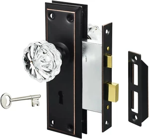 Mortise Lock Set Interior Door Antique Door Knobs with Lock Key Crystal Glass - Picture 1 of 12