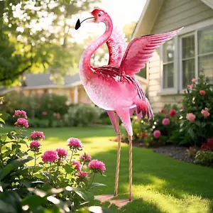 Garden Flamingo Statues and Sculptures, Outdoor Metal Bird Yard Art, Pink Flamin - Picture 1 of 9