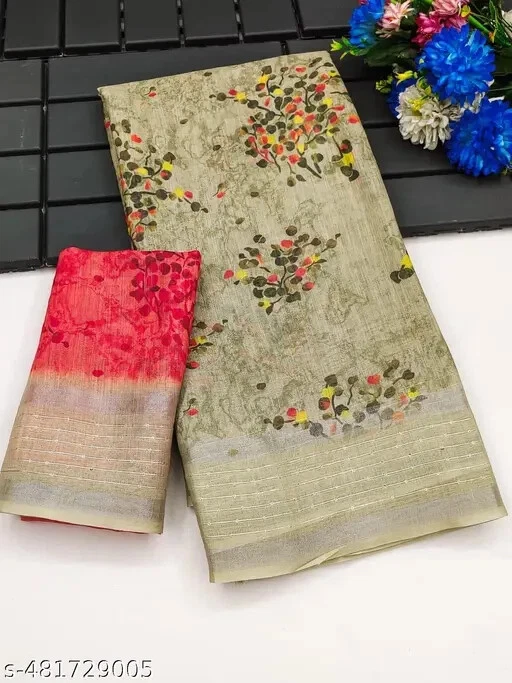 Sari de lino de algodón estampado para mujer con pieza de blusa para correr Foto 1 de 1