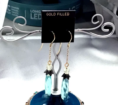 Endearing Earring Victorian Aqua Glass Pendant Gold Filled Pierced Drop Earrings - Image 1 of 3
