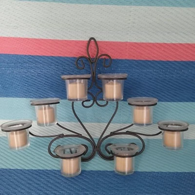 8 Light Tealight Wall Sconce 12" High Black Scrolled Iron New Candles Included - Image 1 of 4