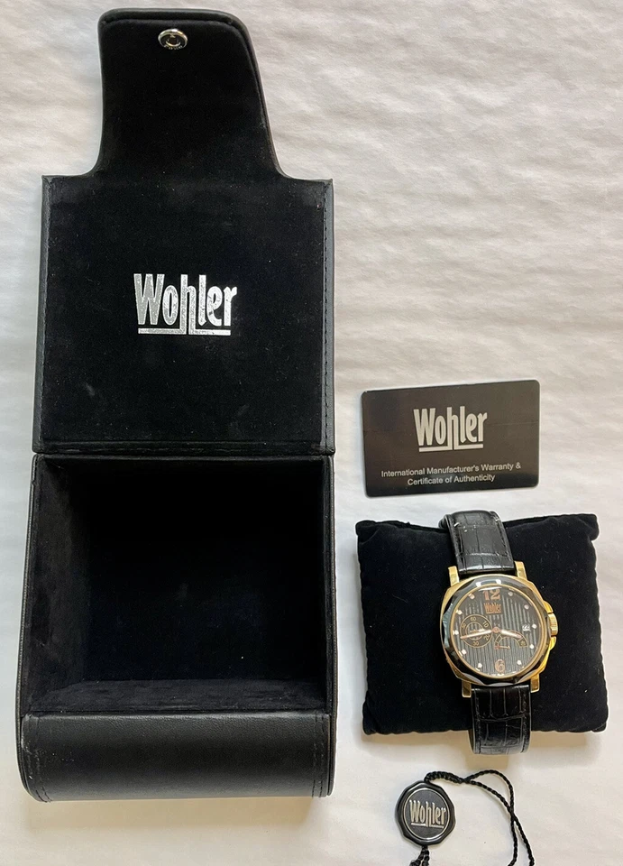 Hermoso reloj trasero WOHLER GOETHE para hombre automático negro/oro rosa All-SS WR 50m  Foto 1 de 4