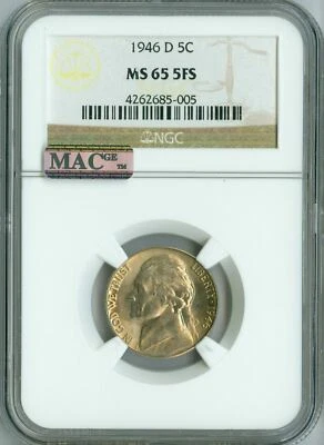 1946 D  JEFFERSON NICKEL NGC MS65 FS PQ BRILLIANT & MAC SPOTLESS  * - Image 1 of 4