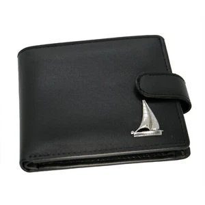 Genuine Black Leather Wallet with a Pewter Sailing Yacht Emblem - Bild 1 von 2