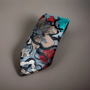 WEMSILK by Wembley Tie Hibiscus floral Teal & Red & Grey Pictorial 3.5" x 60" - Picture 1 of 3