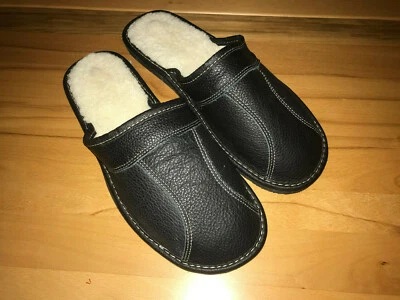 Herren Leder Pantoffeln schwarz mit Schafwolle gefüttert Hausschuhe - Bild 1 von 3