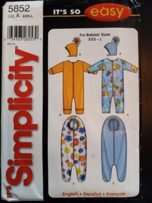 Simplicity 5852 Babies Easy Romper, Hat and Bunting Bag Pattern Size XXS-L - Image 1 of 2