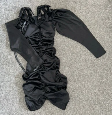 BNWT CLUB L BLACK SATIN LONG SLEEVE RUCHED MINI DRESS SIZE 8 RRP £55 SOLD OUT - Image 1 of 2