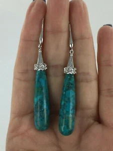 Pendientes colgantes lineales largos de plata de ley 925 con turquesa en bloque genuino - Imagen 1 de 6