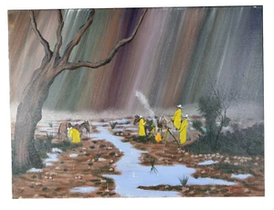 Abrigo amarillo de pintura al óleo de lona de 24" vaqueros bajo la lluvia paisaje arte fuego - Imagen 1 de 5