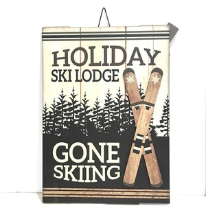 Wood Christmas Wreath Door Wall Yard Sign HOLIDAY SKI LODGE GONE SKIING 10”x14” - Picture 1 of 3