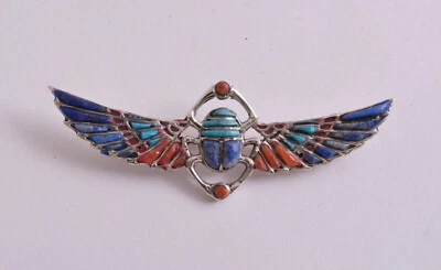 Broche argent scarabée égyptien, renaissance, turquoise, corail rouge, lapis-... - Photo 1/2