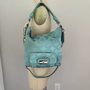 Coach Kristin Op Art Sateen & Leather Shoulder/Crossbody Turquoise Aqua Blue Bag - Picture 1 of 14