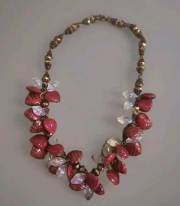 Glasswork Glass Red Hearts Clear Drops AB Beads Bronze Necklace 19" New Gift - Picture 1 of 13